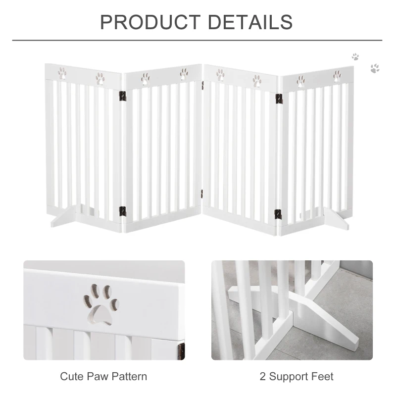 PawHut 29"H Freestanding Folding Pet Gate, Wooden Dog Barrier Fence, with 4 Panels and Dual Hinged Design for Doorways, or Stairs, White