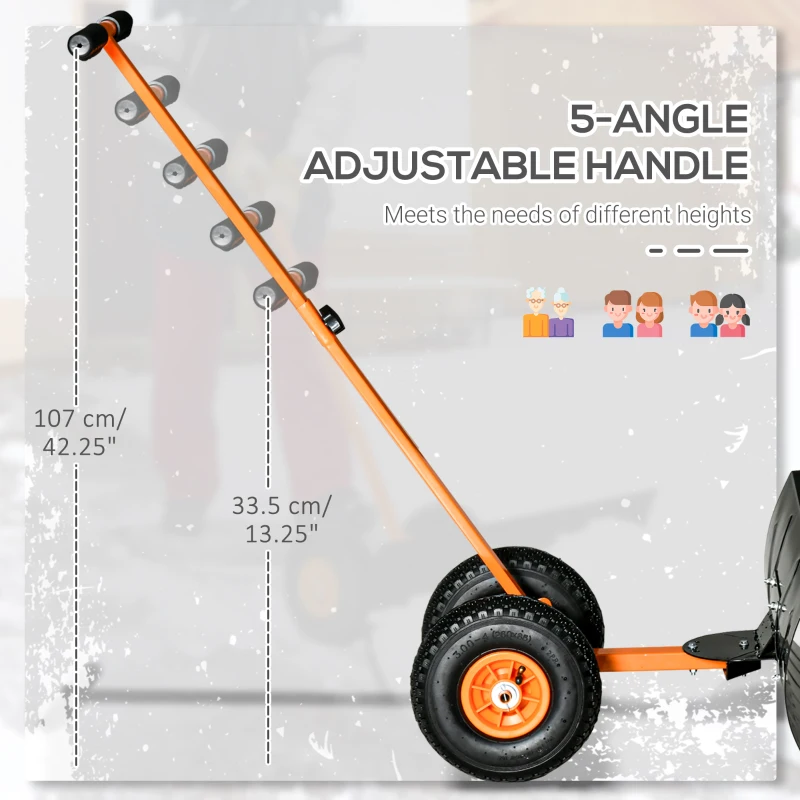 Outsunny Snow Shovel, Rolling Pusher with 29" Blade, 10" Wheels & Angle-Adjustable Handle, Orange