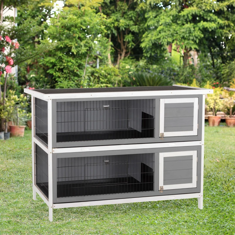 PawHut 54" 2-Story Large Rabbit Hutch Bunny Cage Wooden Pet House Small Animal Habitat with Lockable Doors, No Leak Tray and waterproof Roof for Rabbits, Chickens, Ducks, Outdoor/Indoor Dark Gray
