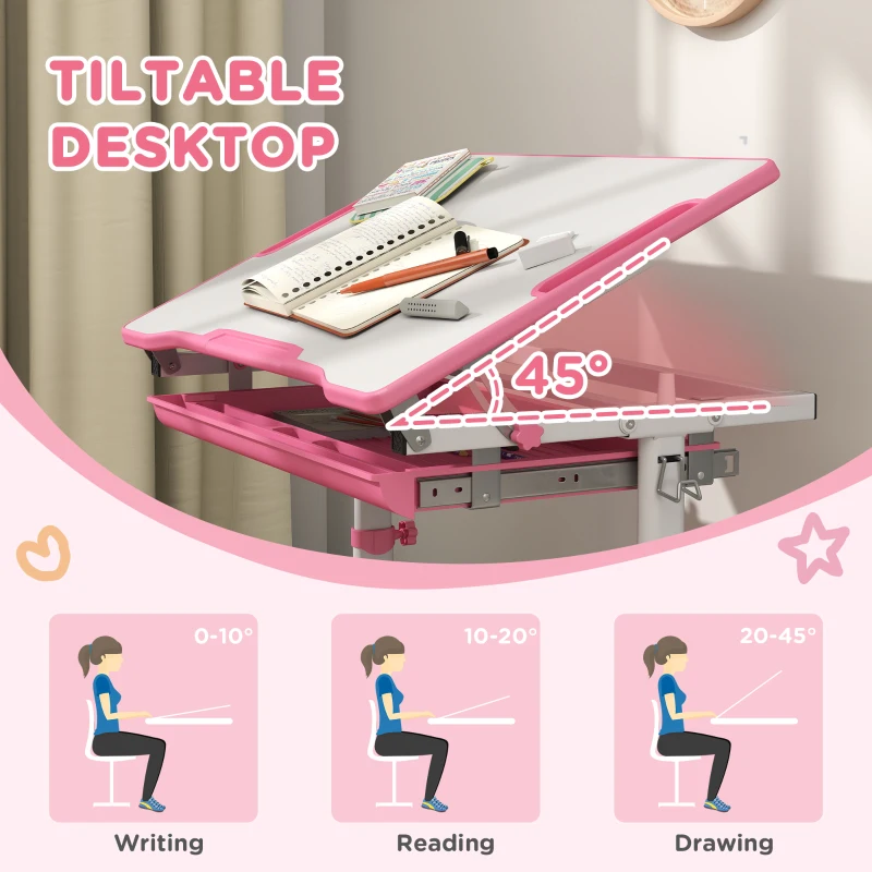 Qaba Height Adjustable Kids Desk and Chairs Set with Tilt Desktop, Storage Drawer, Pen Slot, Hook, Pink