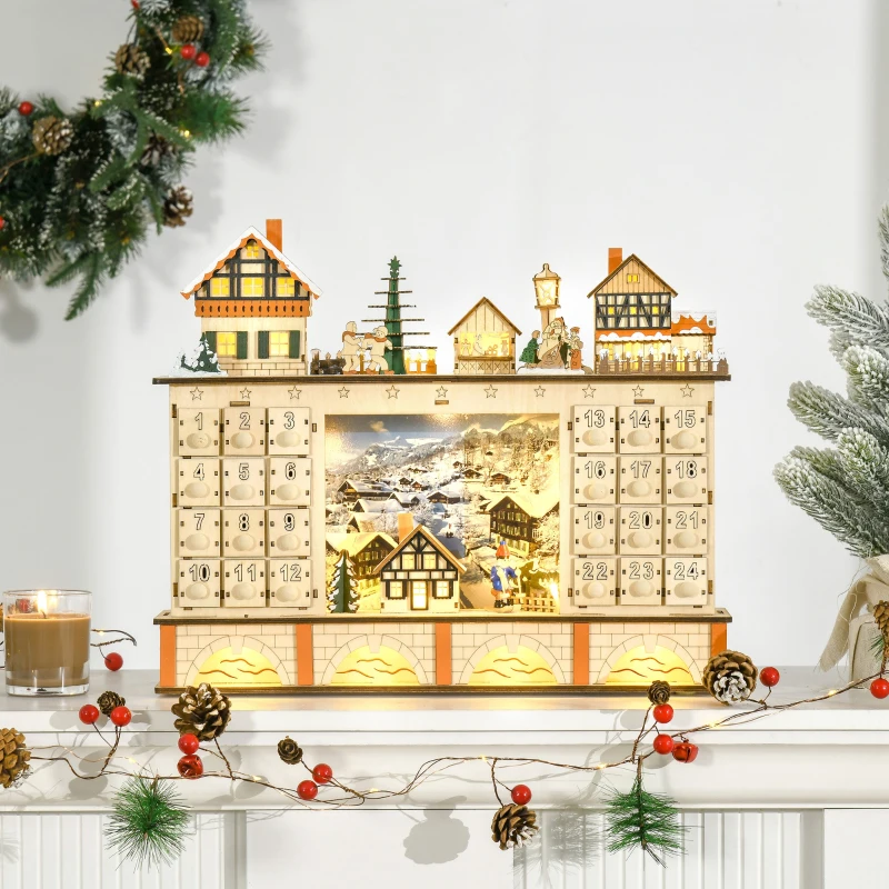 HOMCOM Christmas Advent Calendar, Light Up Table Xmas Wooden Store Holiday Decoration with Countdown Drawer, Village, for Kids and Adults, Natural