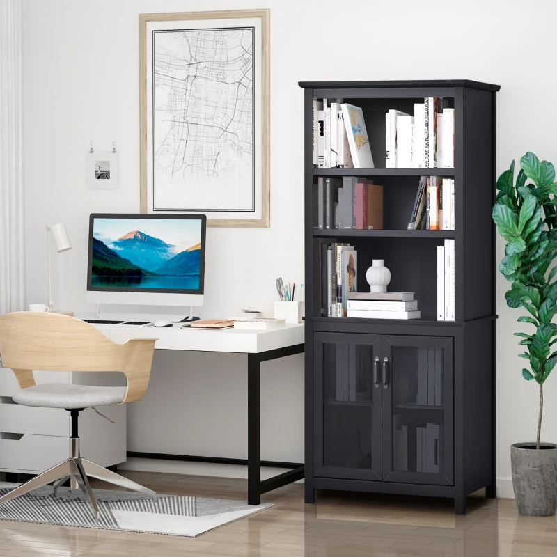 HOMCOM 71" Bookcase Storage Hutch Cabinet with Adjustable Shelves and Glass Doors for Home Office, Kitchen, Living Room, Black