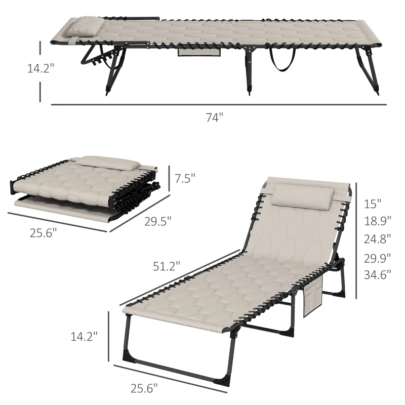 Outsunny Folding Chaise Lounge Set with Reclining Back, 25.6" x 74" x 14.2", Khaki
