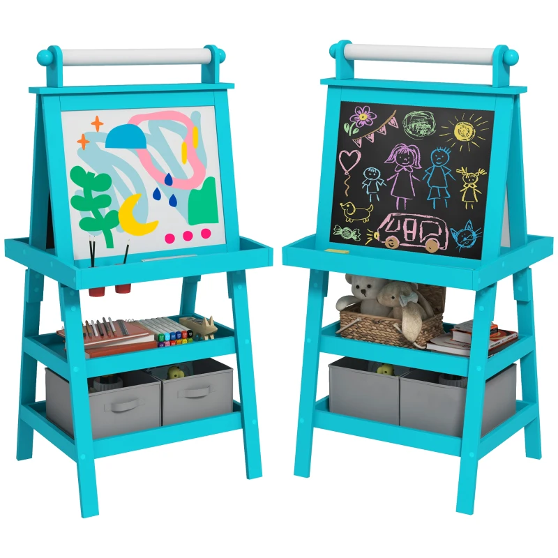 Qaba Double Sided Easel for Kids, Standing Toddler Easel with Paper Roll, Magnetic Whiteboard, Chalkboard & Storage, Blue