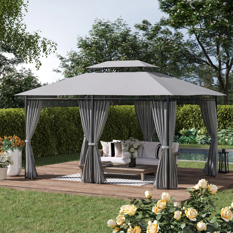 Outsunny 10' x 13' Patio Gazebo, 2-Tiers Outdoor Canopy Sunshade Shelter with Curtains, Dark Grey