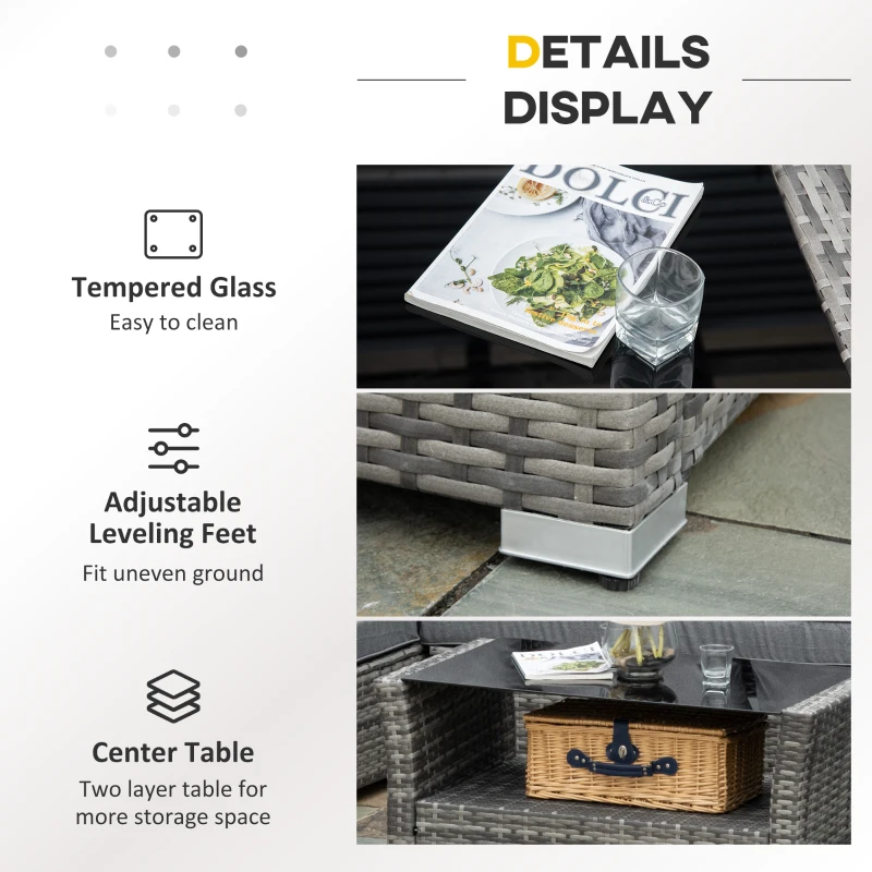 Outsunny 5 Pieces Wicker Patio Furniture Set with 4" Thick Cushions, Outdoor PE Rattan Garden Conversation Sectional Sofa Set with Glass Top Two-tier Coffee Table, Grey