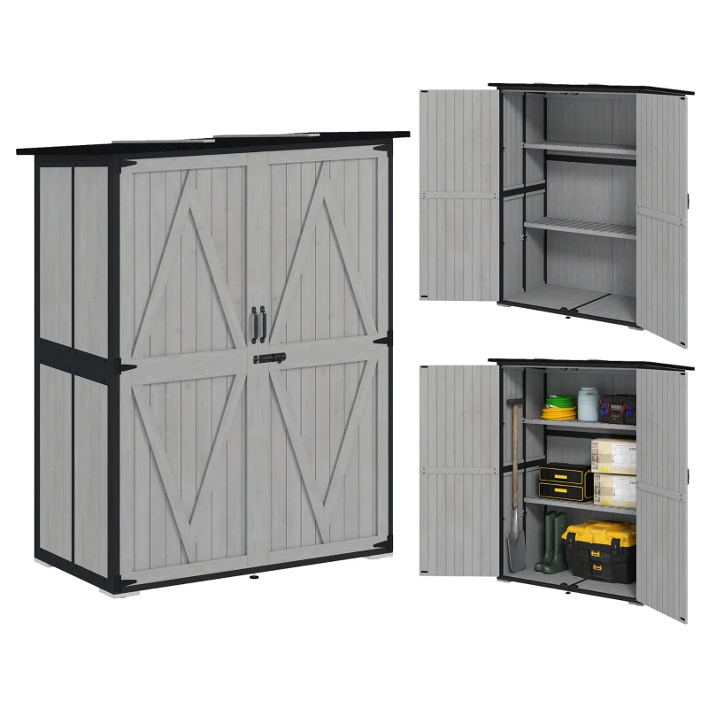 Outsunny Wood Storage Shed, Outdoor Garden Shed with Asphalt Roof, 2 Shelves, Lockable Doors and Adjustable Feet, Gray