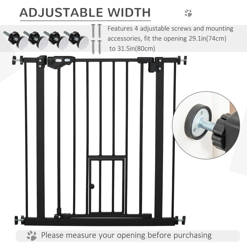 PawHut Retractable Gate Extra Wide Press-Mounted with Cat Door, Auto Closing Pet Gate for Stair, Hallway, 29-32 Inch