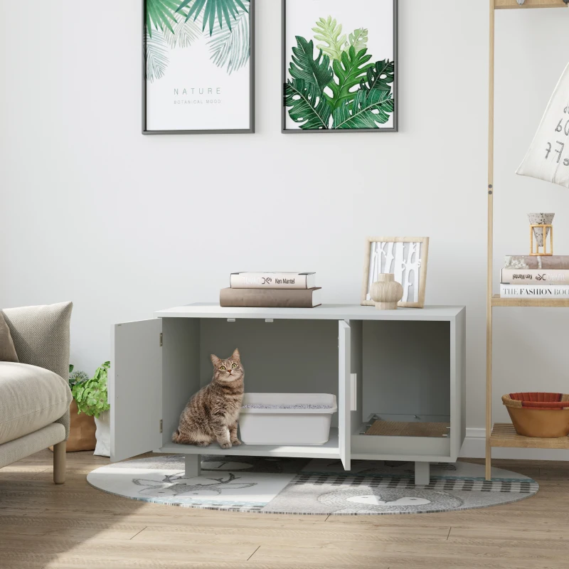 PawHut Wooden Cat Litter Box Enclosure & House, Kitty Hidden Washroom, with End Table Design, Scratcher, & Magnetic Doors, Gray