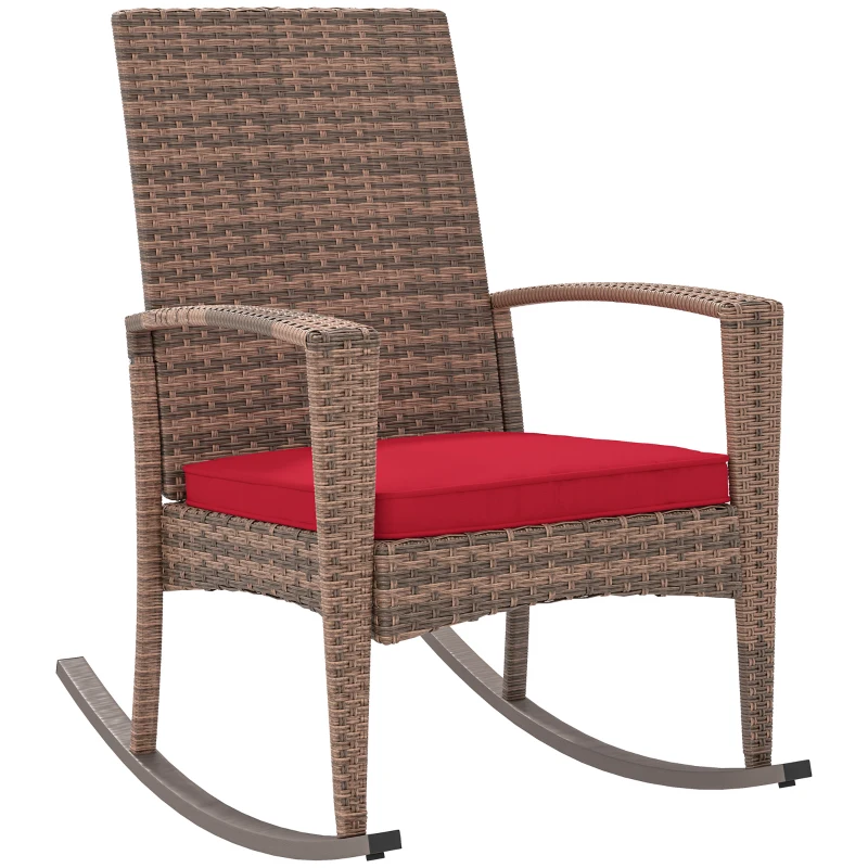 Outsunny Outdoor PE Rattan Rocking Chair, Garden Glider Rocking Chair, Wicker Patio Chair Set with Armrest and Cushion, Wine Red