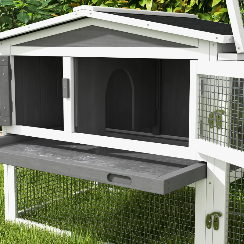PawHut Wooden Rabbit Hutch Guinea Pig House with Removable Tray, Openable Roof, Trough, Run for Tortoises and Ferrets, Grey