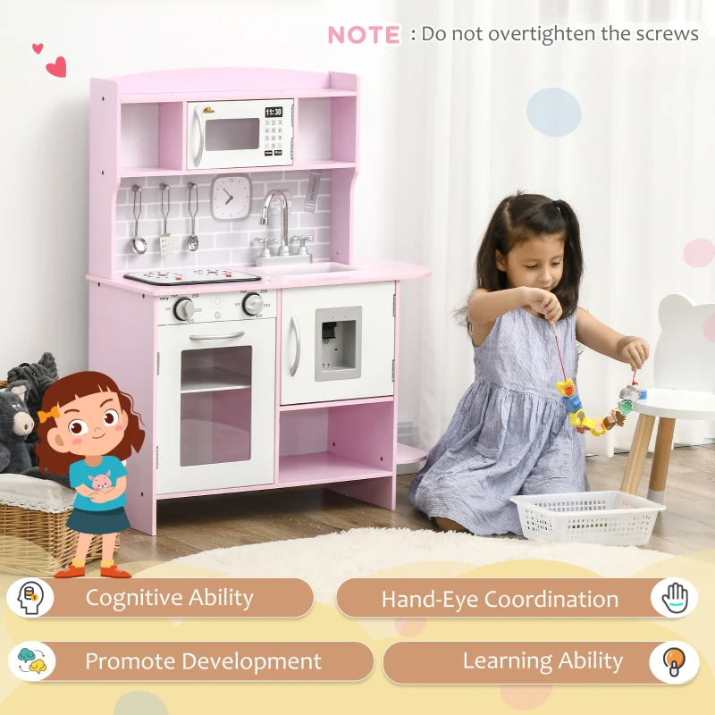 Qaba Pretend Play Kitchen with Sound Effects and Stove Lights, Kids Kitchen Playset with Storage, Water Dispenser Preschool & Kindergarten Gift for 3-6 Years Old, Pink