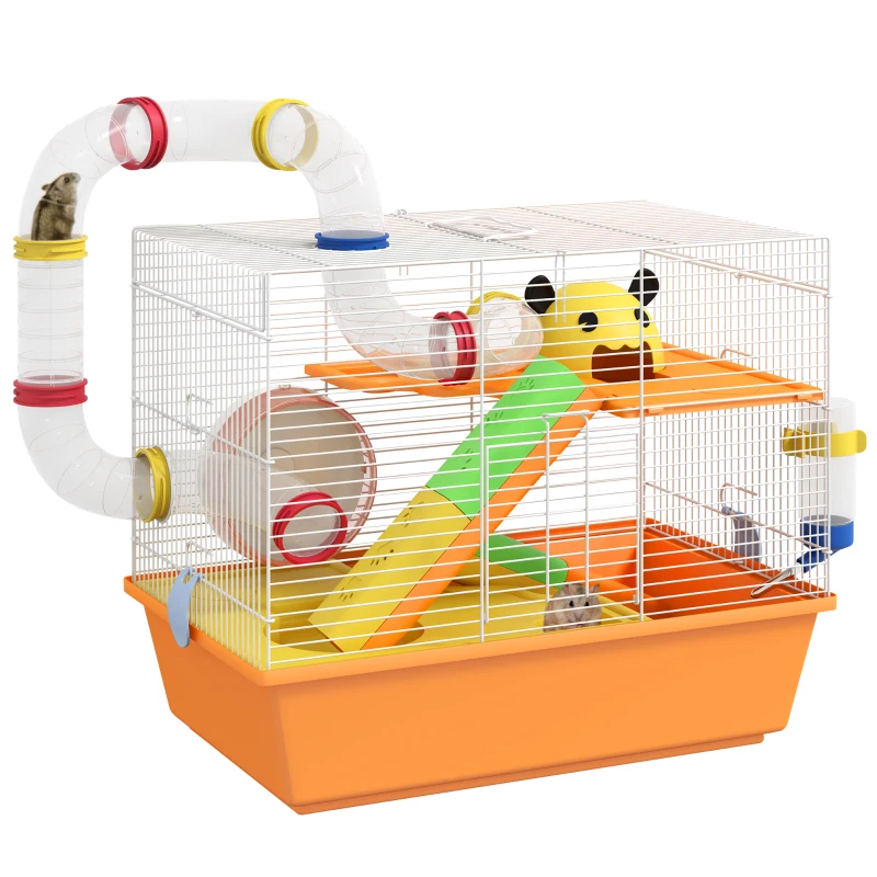 PawHut 3 Tiers Hamster Cage for Gerbil, Dwarf Hamster with Tunnels, Water Bottle, Exercise Wheel, 18" x 11" x 15" - Orange