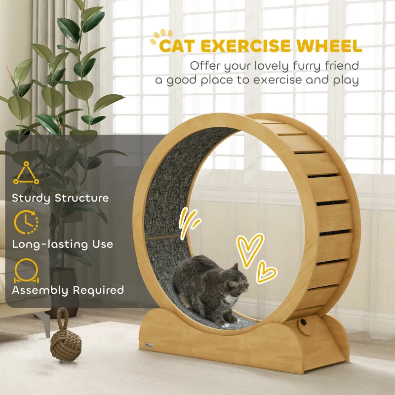PawHut 39" Cat Exercise Wheel with Natural Wood Grain