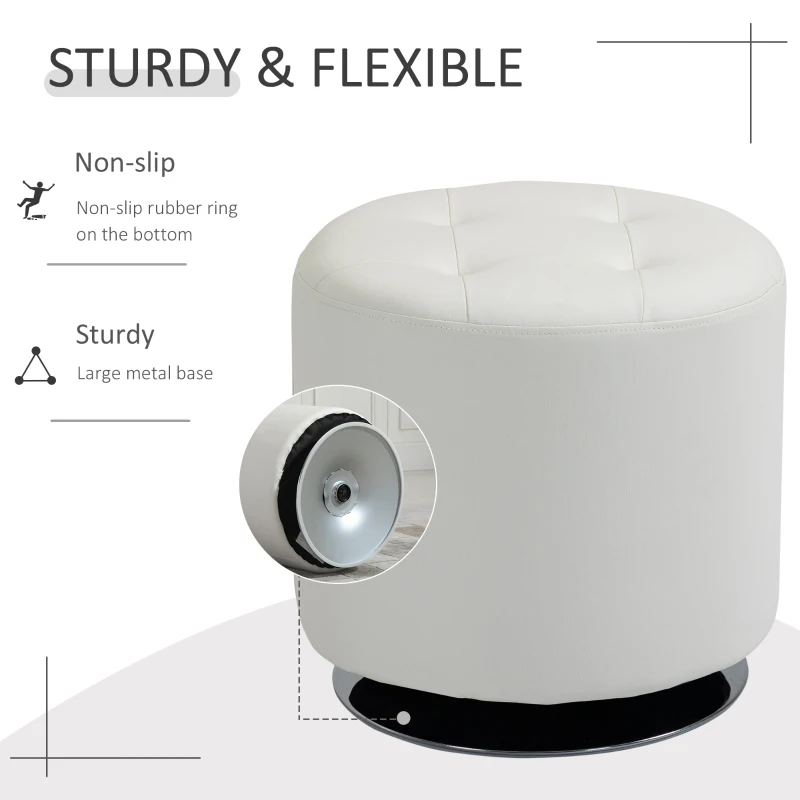HOMCOM 360° Swivel Foot Stool Round PU Ottoman with Thick Sponge Padding and Solid Steel Base, White