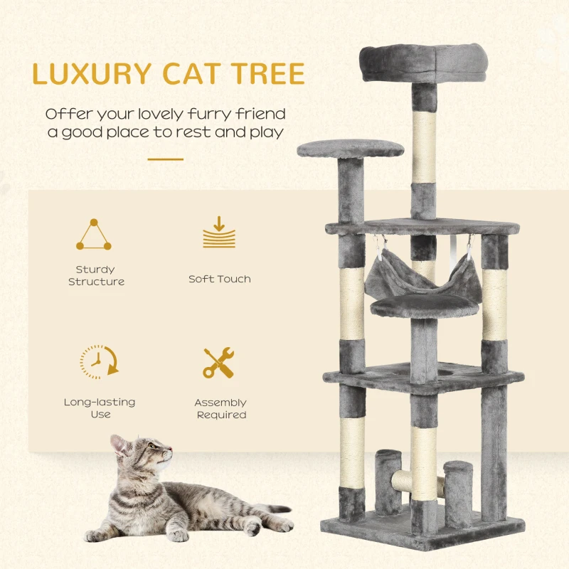 PawHut 52" Multi-Level Cat Tree Tower, Kitten Scratcher Activity Center Play House with Hammock - Grey