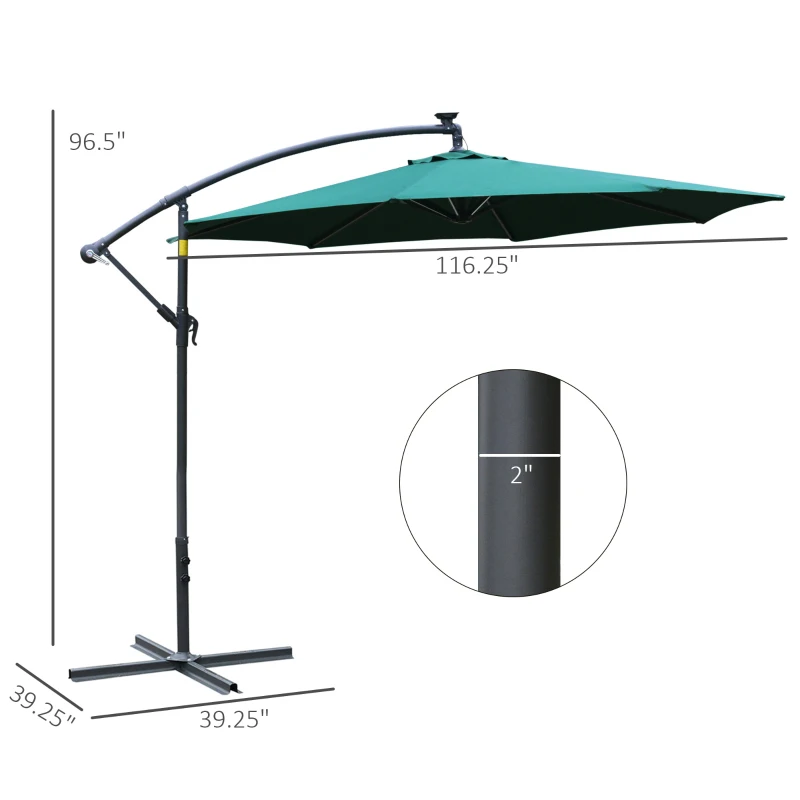 Outsunny 10ft Cantilever Solar Hanging Offset Umbrella Outdoor LED Lights Aluminum Market Banana Parasol Crank w/ Cross Base Garden Sun Shelter Green