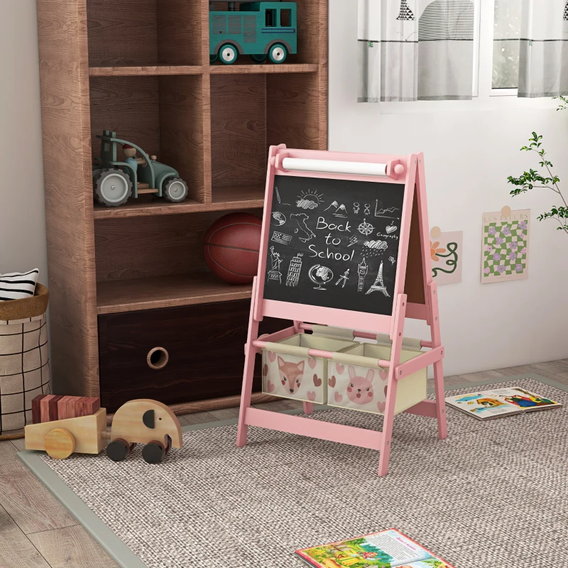 Qaba Art Easel for Kids with Paper Roll, Blackboard, Whiteboard, Storage, Pink