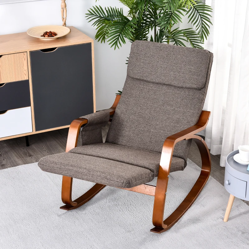 HOMCOM Rocking Chair with Adjustable Footrest, Padded Cushion, Removable Side Pocket & Soft Pillow for Living Room, Bedroom, Natural Wood frame Linen Touch, Brown