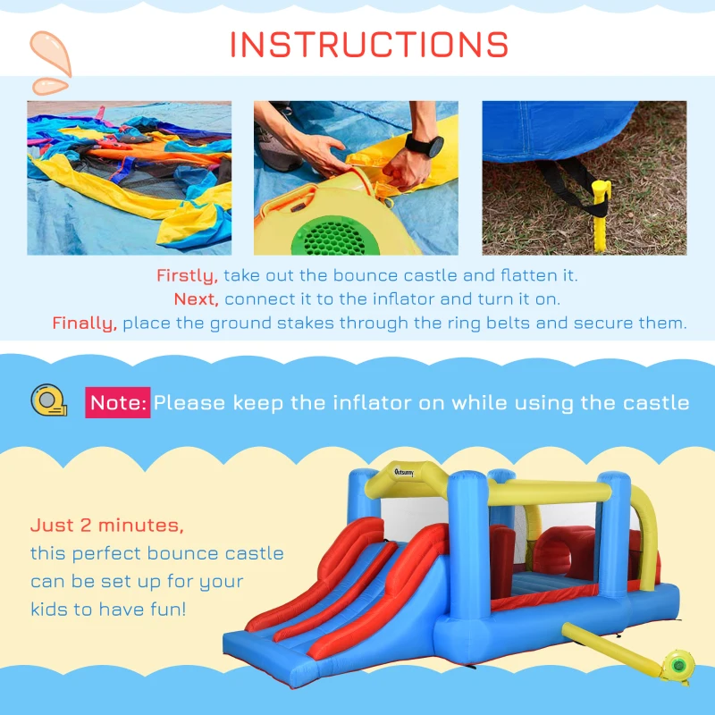 Outsunny Kids Inflatable Bounce House 4-in-1 Jumping Castle with Double Slides, Obstacle Course, Climbing Walls, & Trampoline, 750W Air Blower Included