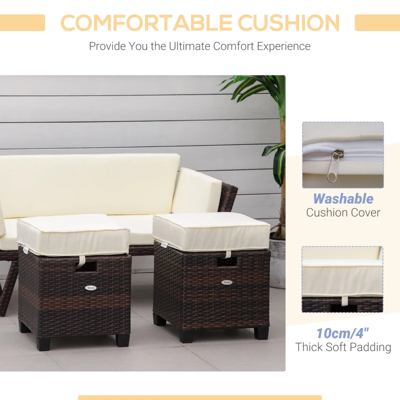 Outsunny 2 PCS Patio Wicker Ottoman Set, Two Square Outdoor PE Rattan Footrest with Removable Cushion, Freely Combined Furniture w/ Handle for Backyard, Garden, Poolside, Beige