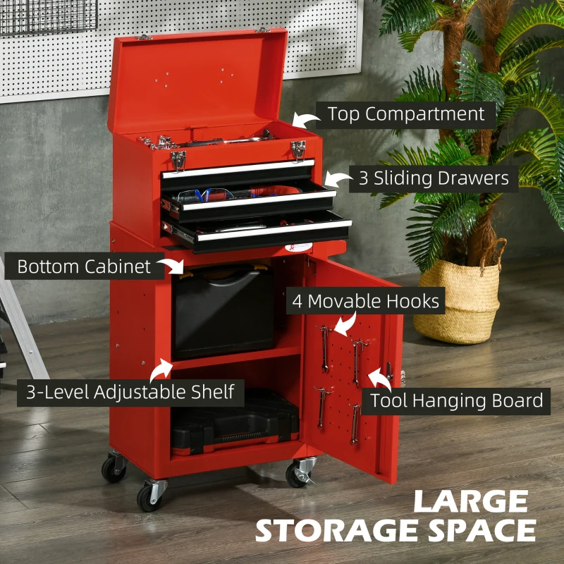 DURHAND 2 In 1 Detachable Tool Box and Tool Cabinet, 3-Drawer Rolling Tool Chest Cabinet on Wheels with Lock and 2 Keys, Red