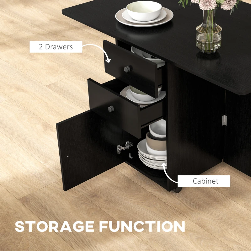 HOMCOM Extendable Dining Table, Drop Leaf Table with 2 Drawers, Cabinet and 6 Wheels for Small Spaces, Kitchen, Black Wood Grain