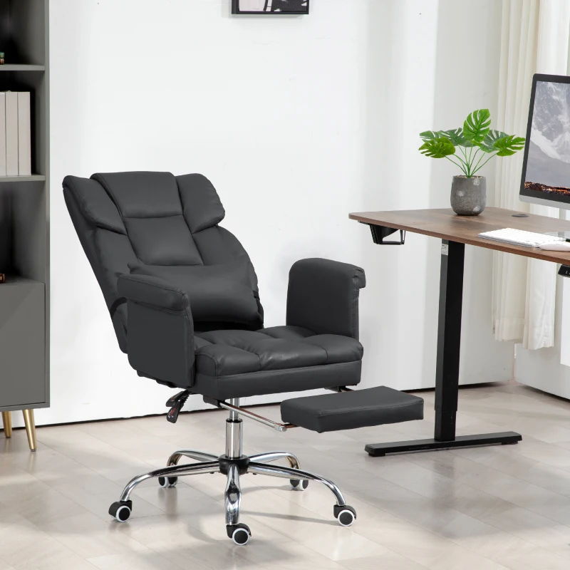 HOMCOM Executive Office Chair with Footrest and Lumbar Support, PU Leather Desk Chair, Ergonomic, Reclining and Swivel, Black