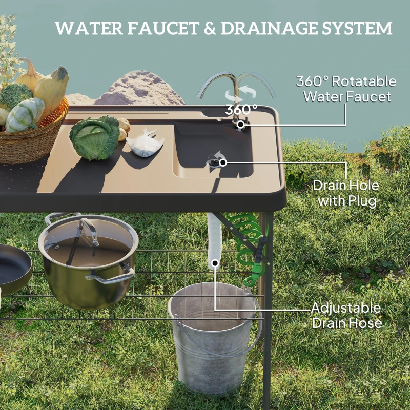Outsunny Folding Fish Cleaning Table with Sink, Portable Camping Table with Faucet, Drainage Hose, Sprayer and Shelf, Tan