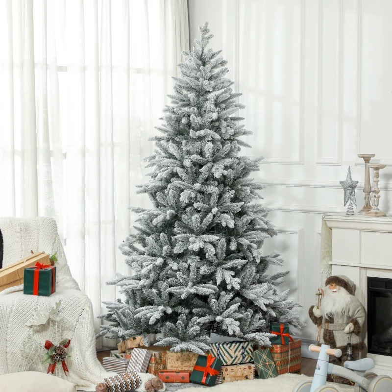 HOMCOM 7ft Artificial Flocked Christmas Tree with Snow Tips, Easy Assembly, Hinged Xmas Tree for Home Office Holiday