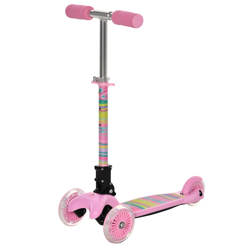 Aosom Kick Scooter for Kids, Foldable Children's Scooter with 3 Wheels, Adjustable Height, and Flashing LED for Boys and Girls, Pink