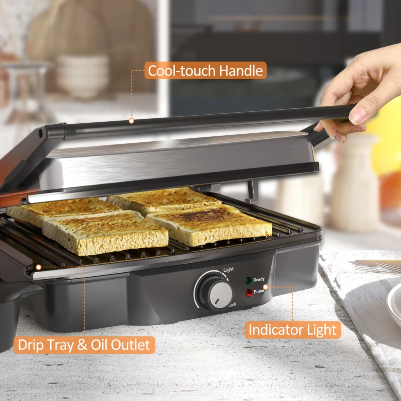 HOMCOM 4 Slice Panini Press Grill, Stainless Steel Sandwich Maker with Non-Stick Double Plates, Locking Lids and Drip Tray, Opens 180 Degrees to Fit Any Type or Size of Food 13.75"x12.75"x4.75"