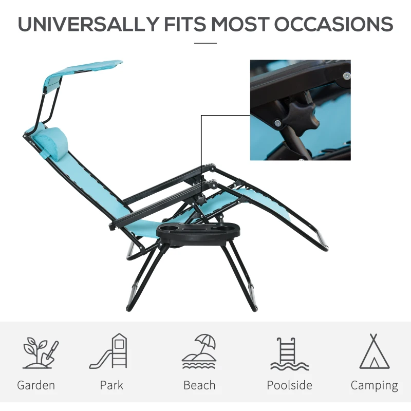 Outsunny 2 Piece Foldable Lounge Chair with Canopy Shade, Outdoor Zero Gravity Chair w/ Side Tray & Cup Holder, Reclining Lounger w/ Breathable Mesh Fabric Seat, Pillow, Sky Blue