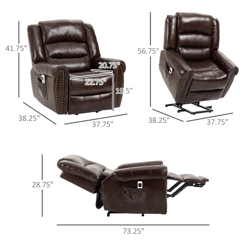 HOMCOM Dual Motor Electric Power Lift Recliner Chair for Elderly with Massage, PU Leather Reclining Chair with Side Pocket, Remote Control with USB Interface, Brown
