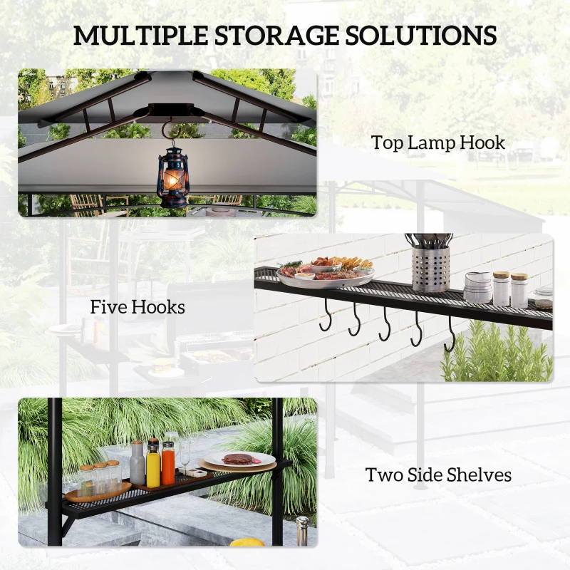 Outsunny 8' x 5' Grill Gazebo, Double Tiered Barbecue Grill Gazebo Shelter with Side Awning, 2 Side Shelves, 6 Hooks, Light Grey