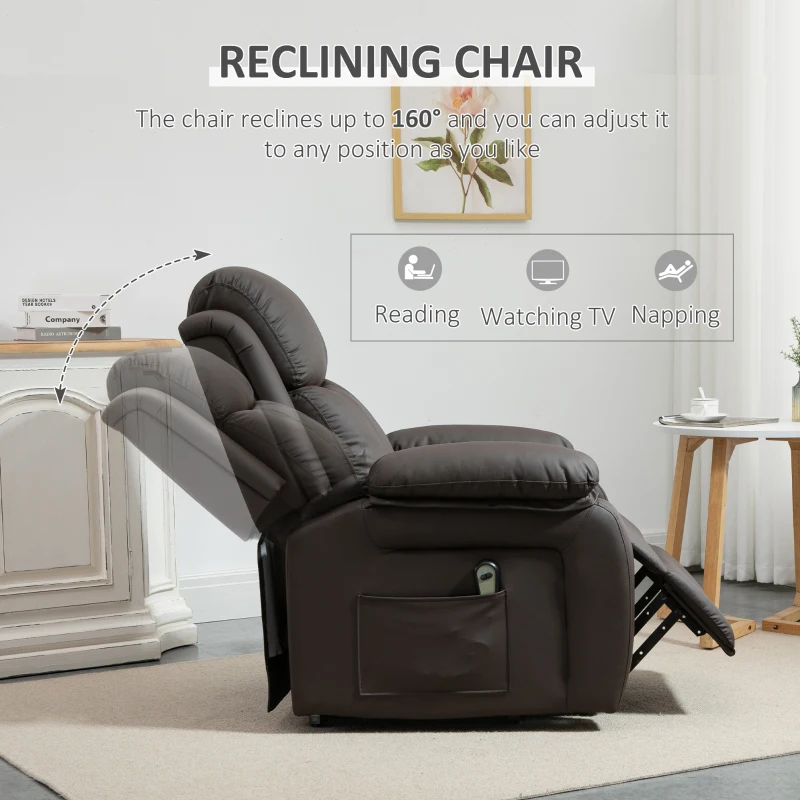 HOMCOM Living Room Power Lift Chair, PU Leather Electric Recliner Sofa Chair for Elderly with Remote Control, 3 Positions, Side Pockets, Extended Footrest, Brown