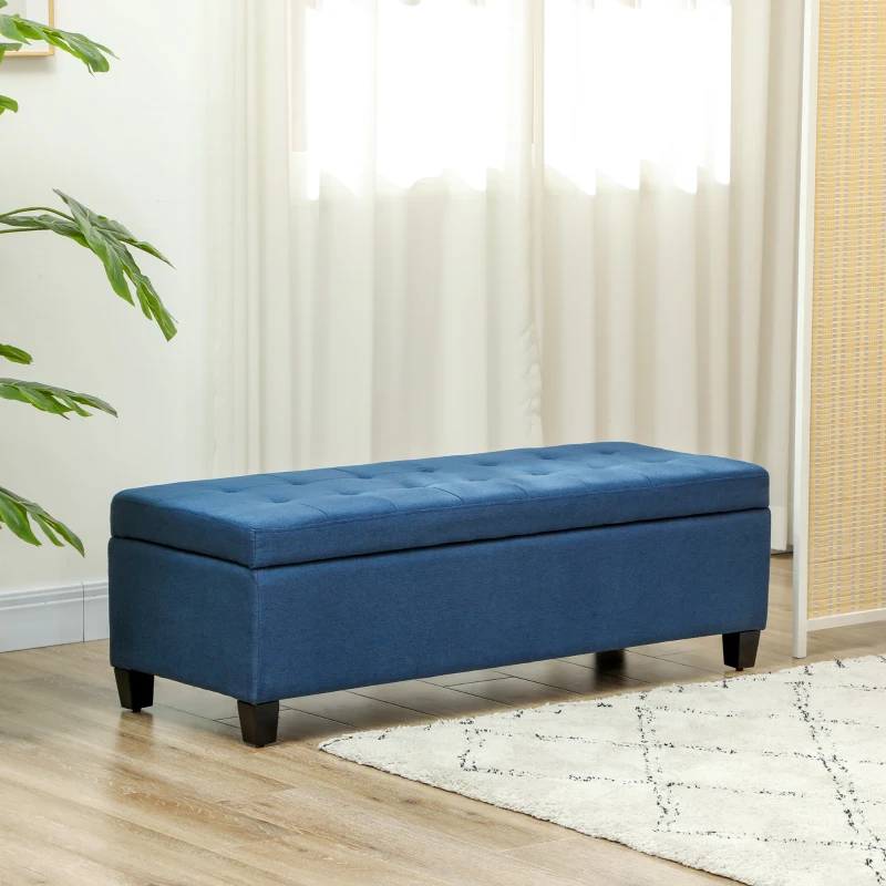 HOMCOM Rectangular Entry Bench, Tufted Upholstered Linen Fabric Wood Feet Storage Ottoman Bench, Blue