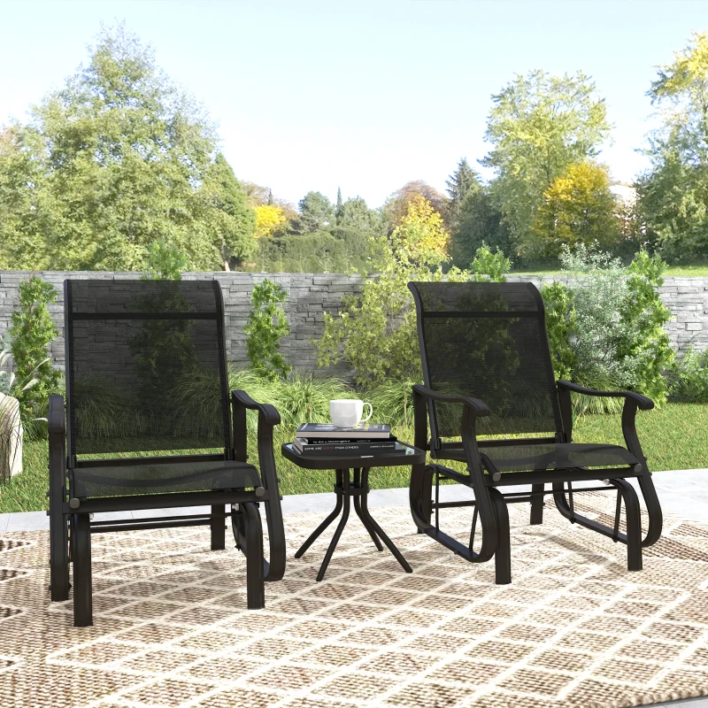 Outsunny 3PCs Gliding Rocking Chair & Bistro Tea Table Set, Black