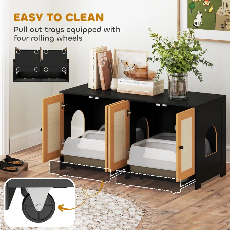 PawHut Cat Litter Box Enclosure w/ 2 Cabinets, Scratching Mats & Trays for 2 Cats or Kittens, Black