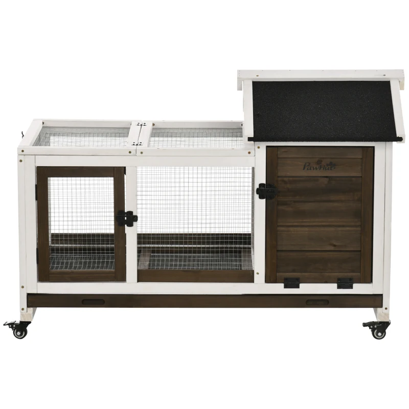 PawHut Rabbit Cage with Wheels, Ramp, Run, Tray for Indoor Outdoor, Suitable for Rabbit, Guinea Pig, Coffee