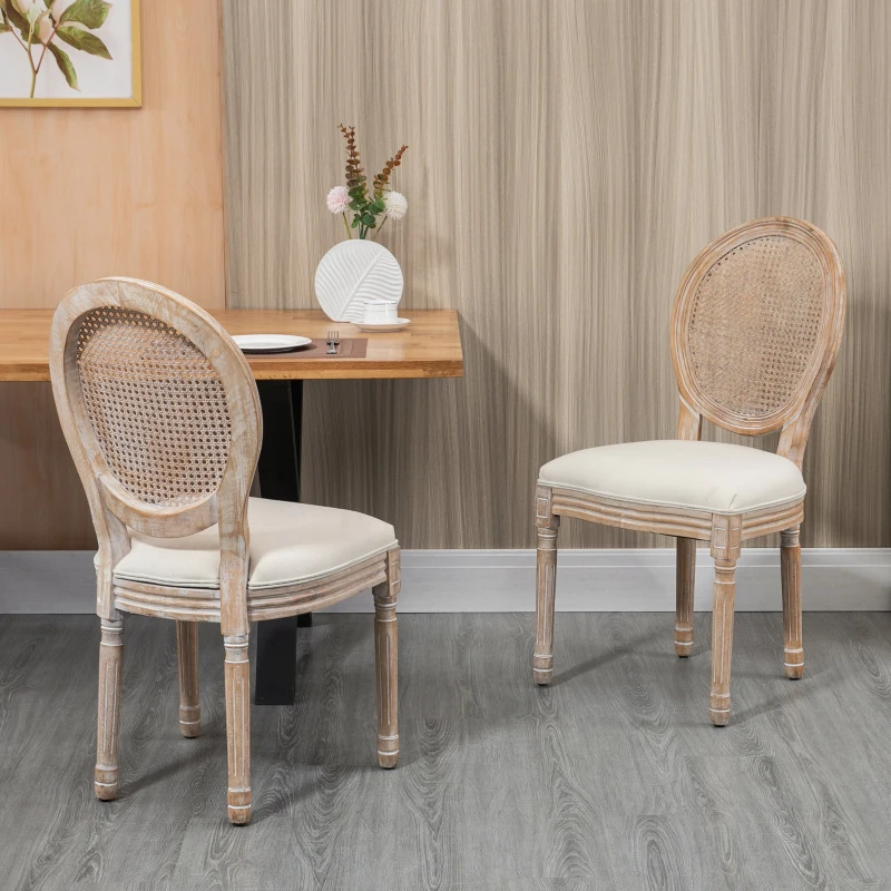 HOMCOM French-Style Upholstered Dining Chair Set, Armless Accent Side Chairs with Rattan Backrest and Linen-Touch Upholstery, Set of 2, Cream White