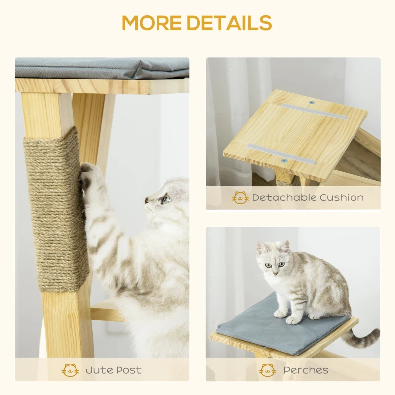 PawHut 31" Cat Tree Kitty Activity Center Pinewood Cat Climbing Toy Indoor Outdoor Pet Furniture with Jute Scratching Post Perch Cushion Natural