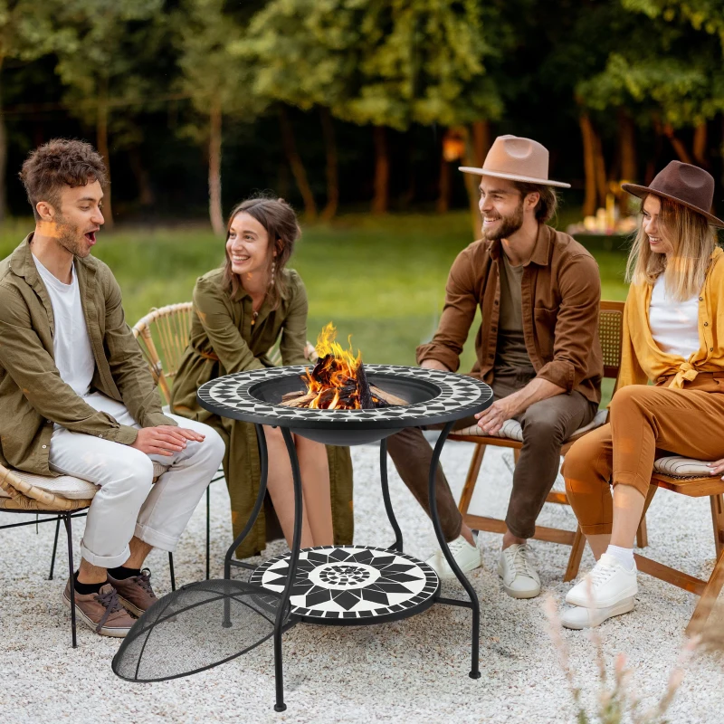 Outsunny 30" Outdoor Fire Pit Dining Table, 3-in-1 Round Wood Burning Fire Pit Bowl, Patio Ice Bucket with Storage Shelf, Spark Screen Cover for BBQ, Bonfire, Camping, Mosaic