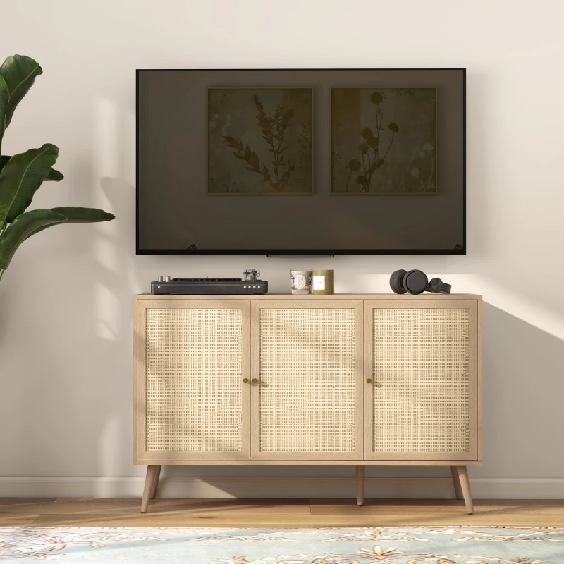 HOMCOM Kitchen Sideboard Cabinet, Boho Storage Cabinet with Shelves, Wood Legs, Decorative Rattan Doors, Natural