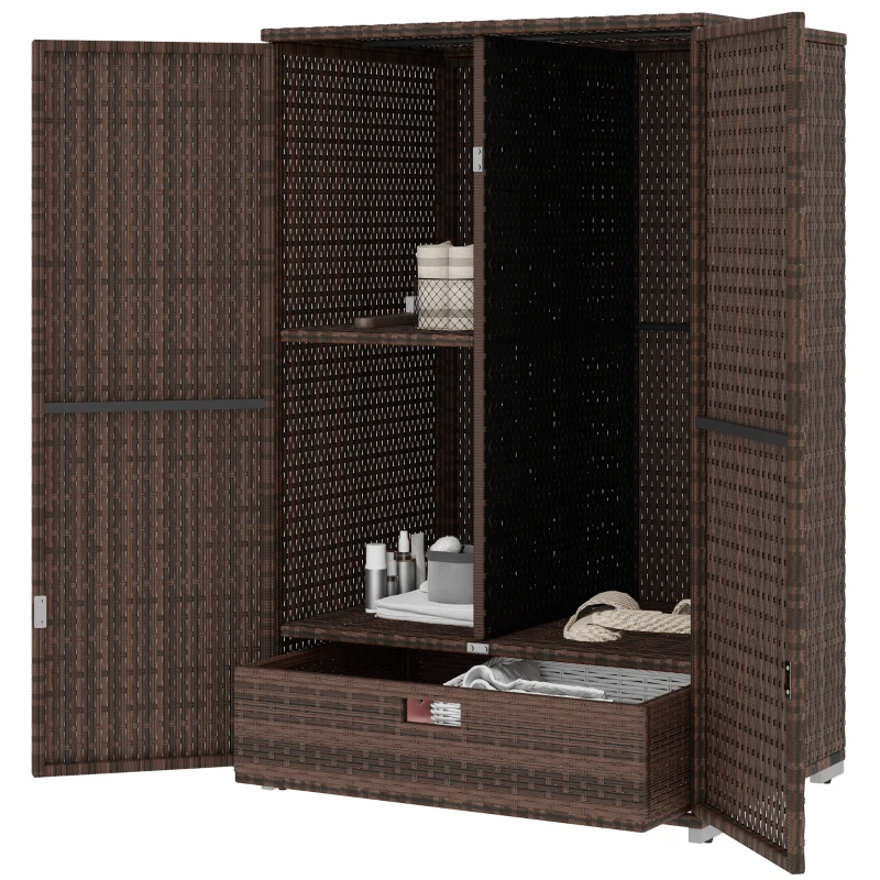 Outsunny Outdoor Storage Cabinet with Shelves, Rattan Pool Towel Storage Cabinet with Removable Shelf & Drawer, Mixed Brown