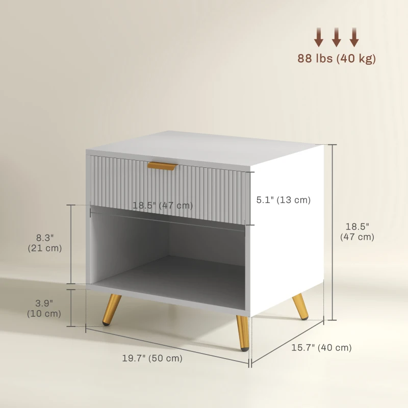 HOMCOM Nightstand with Fluted Panel, Bedside Table with Drawer and Open Compartment, Modern Night Table for Bedroom, White