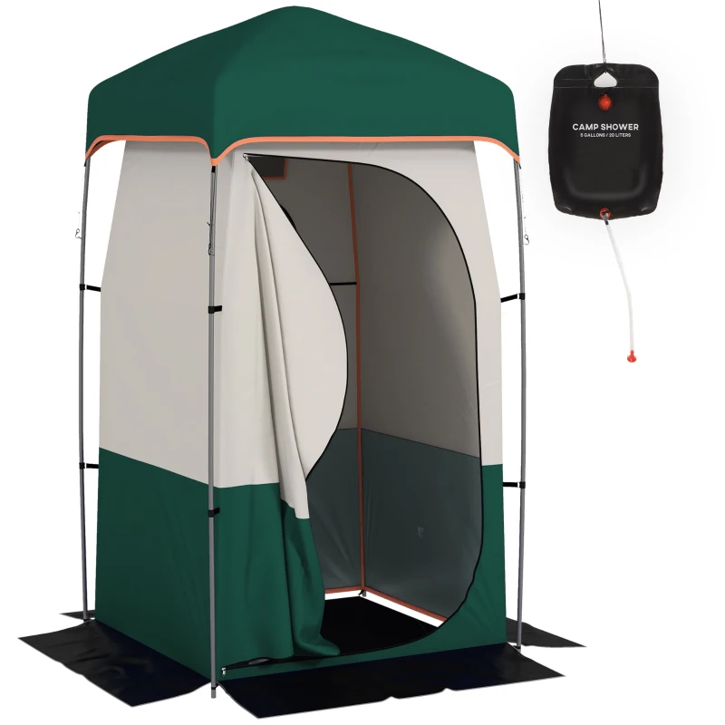Outsunny Camping Shower Tent, Portable Privacy Shelter with Solar Shower Bag, Removable Floor and Carrying Bag, Green