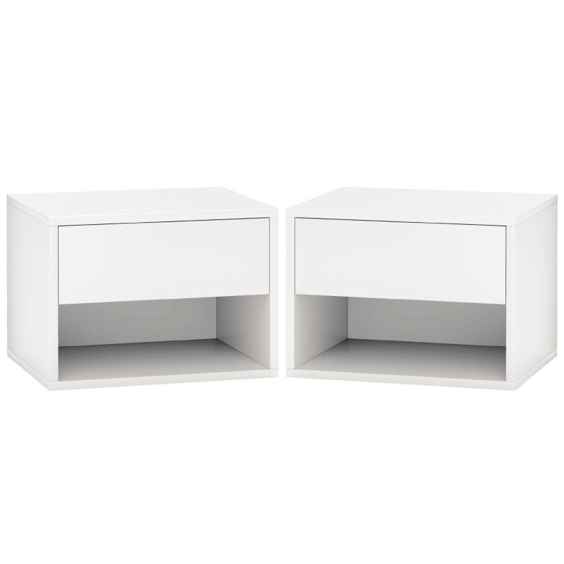 HOMCOM Floating Nightstand Set of 2, Wall Mounted Bedside Table with Drawer for Bedroom, White
