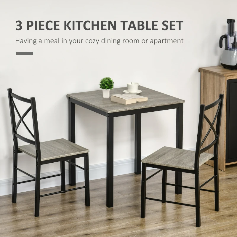 HOMCOM Industrial Dining Table Set of 3, Square Kitchen Table with 2 Chairs Steel Frame Footrest for Small Space, Grey