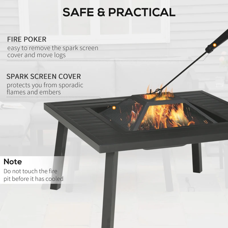 Outsunny 34" Fire Pit with Grill, Metal Outdoor Wood Burning Firepit with Spark Screen, Fire Poker, Cover, Table Lip, Black